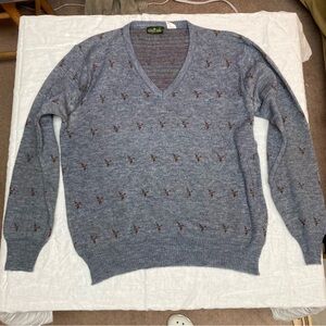 Gray V-Neck Wool Blend Duck Pattern Sweater